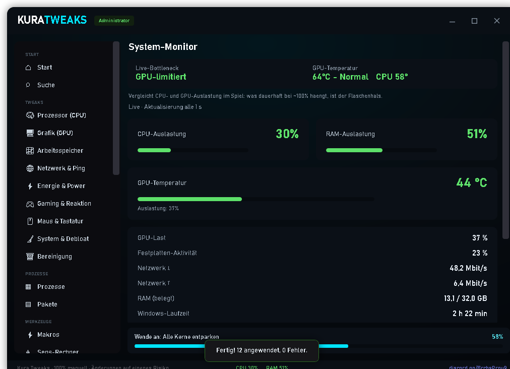KuraTweaks App – Live-Monitor mit CPU-, RAM- und GPU-Werten